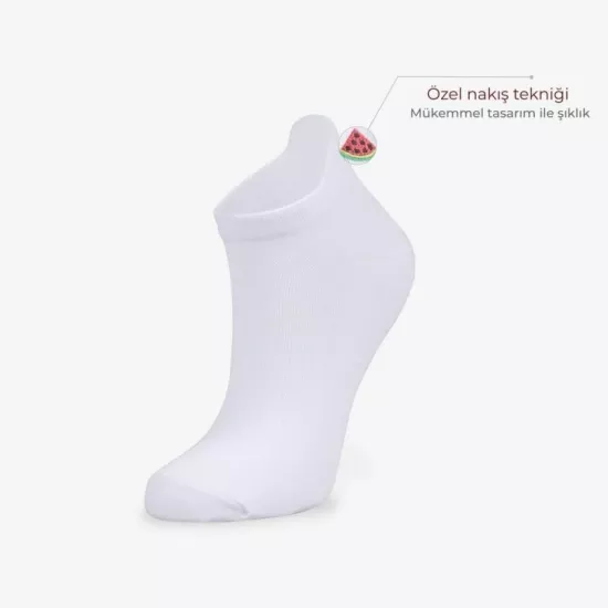 6’lı Meyve Nakışlı Kadın Beyaz Patik Çorap