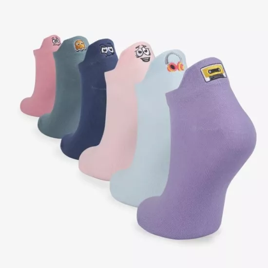 6’lı Emojili Nakışlı Patik Kadın Karışık Çorap