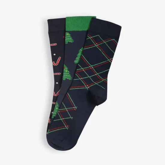 3’lü Hediyelik Yılbaşı Baston Şeker - Çam Ağacı Erkek Lacivert Soket Çorap