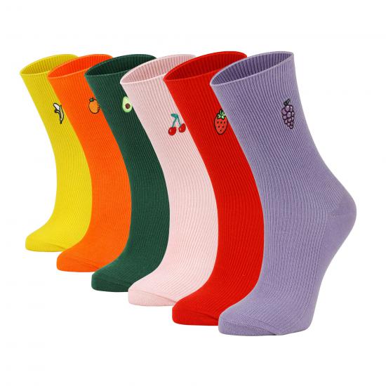 6’lı Nakışlı Meyveli Renkli Kadın Karışık Soket Çorap