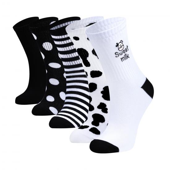 5’li İnek Desenli Siyah Beyaz Kadın Beyaz - Siyah Soket Çorap