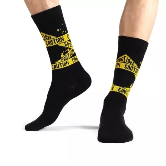 Fitilli Spor Caution Yazılı Erkek Siyah Spor Çorap