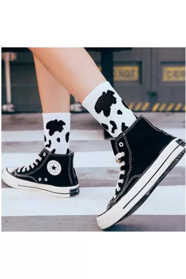 5’li İnek Desenli Siyah Beyaz Kadın Beyaz - Siyah Soket Çorap